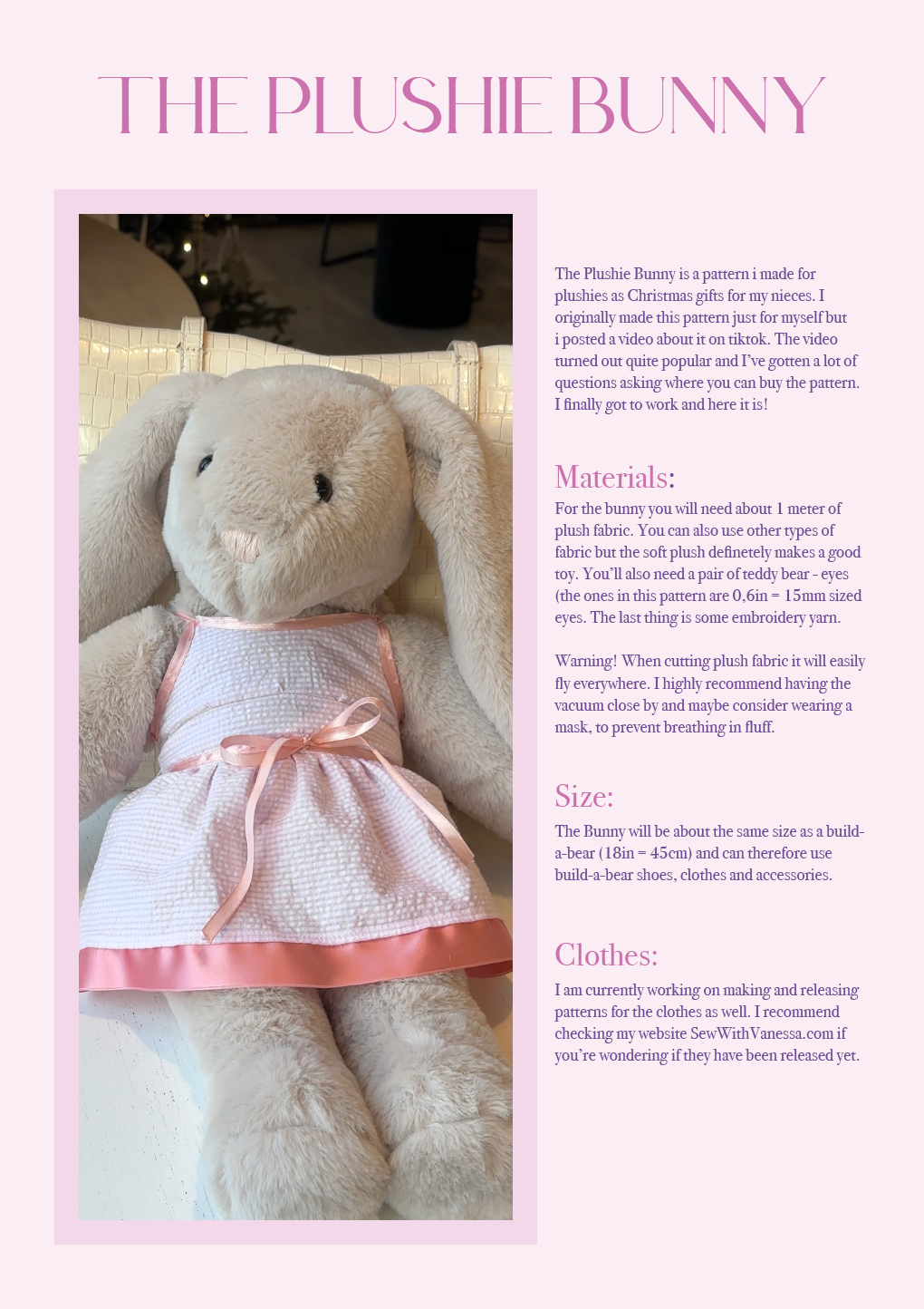 Stuffed animal in a red dress sitting on a white surface with a blurred indoor background. Plushie plush bunny sewing pattern tutorial, making build-a-bear, diy plushie, diy bunny, making toy toys, build-a-bear clothes, homemade Christmas gift, tiktok sewing pattern, homemade toy, homemade plushie, plushie pattern, bunny pattern, birthday gift child, birthday gift girl 6yo